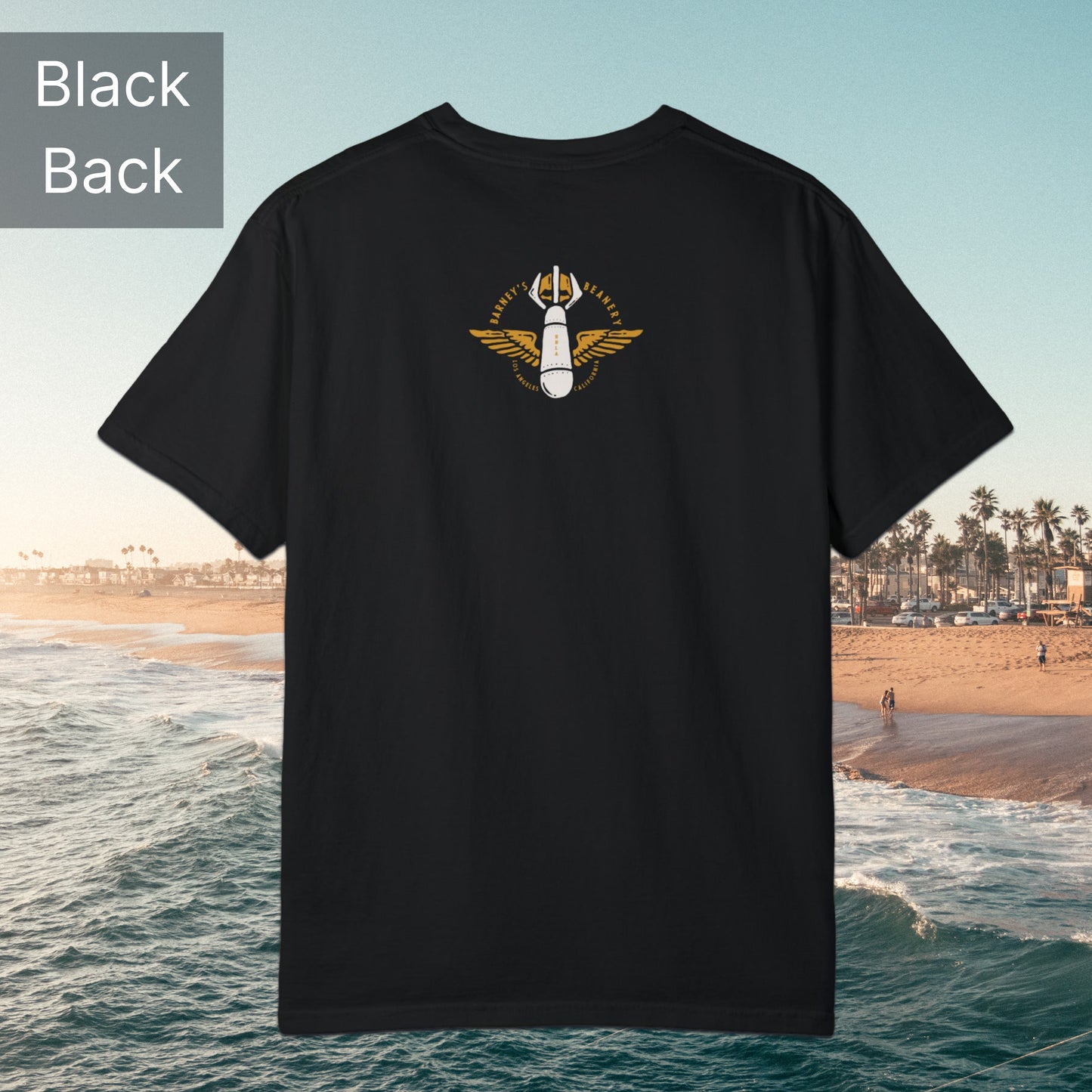 Some Bomb Ass Chili | BARNEY'S BEANERY - Men's Graphic Tee | Black Comfort Colors 1717 T-Shirt - Badge Graphic On Back Flat Lay View