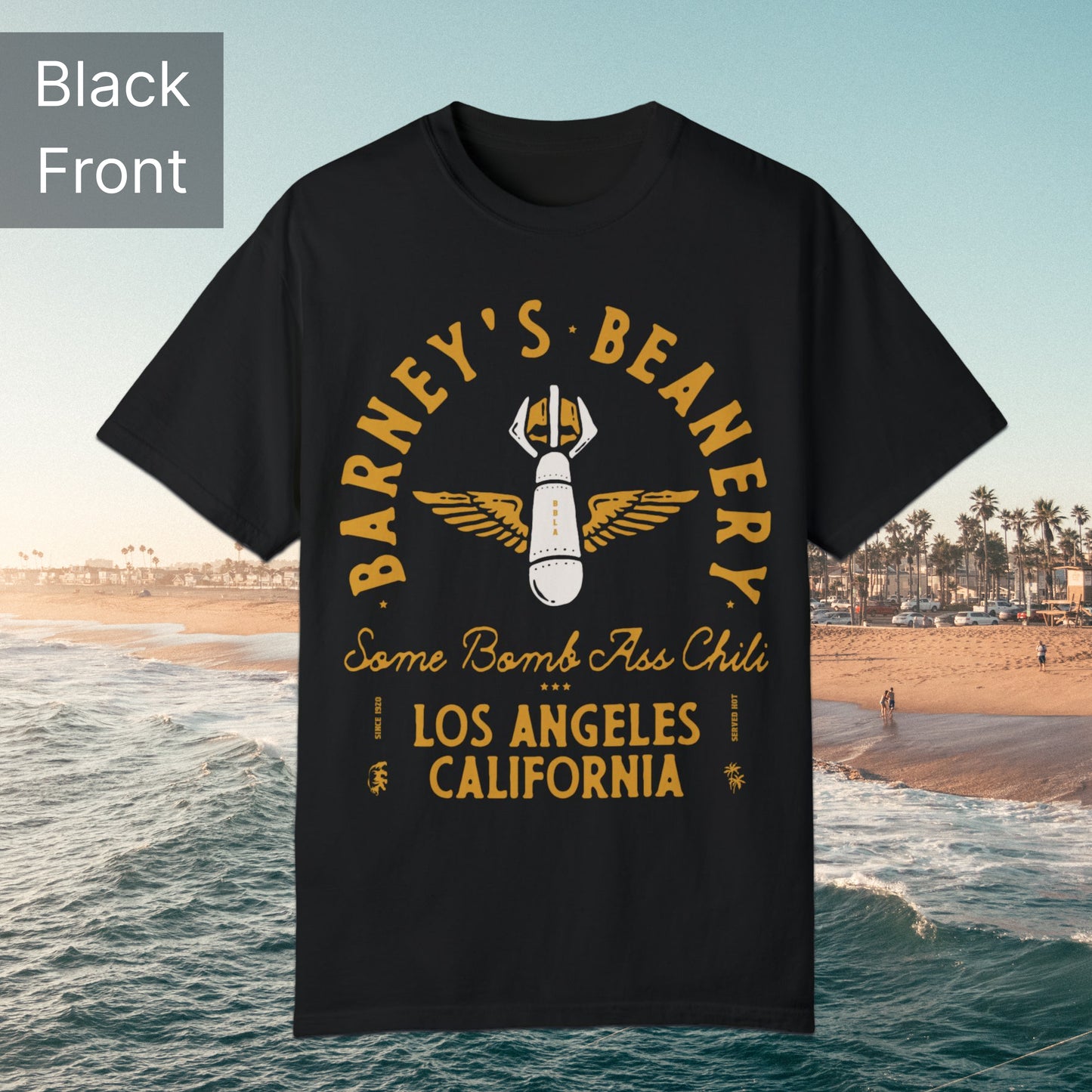 Some Bomb Ass Chili | BARNEY'S BEANERY - Men's Graphic Tee | Black Comfort Colors 1717 T-Shirt - Big Graphic On Front Flat Lay View