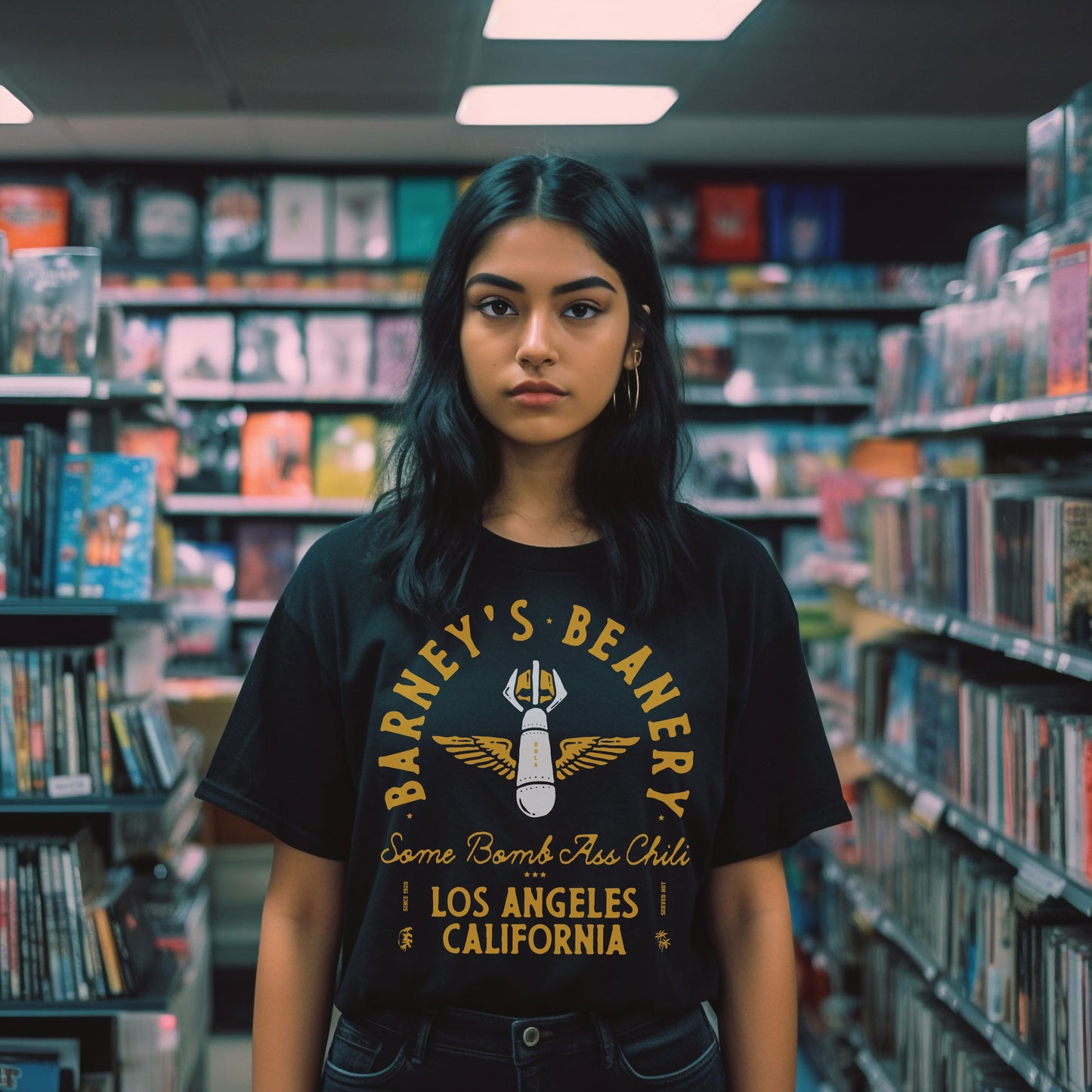 Some Bomb Ass Chili | BARNEY'S BEANERY - Women's Graphic Tee | Black Comfort Colors 1717 T-Shirt - Big Graphic On Front View Of Female Lifestyle Image