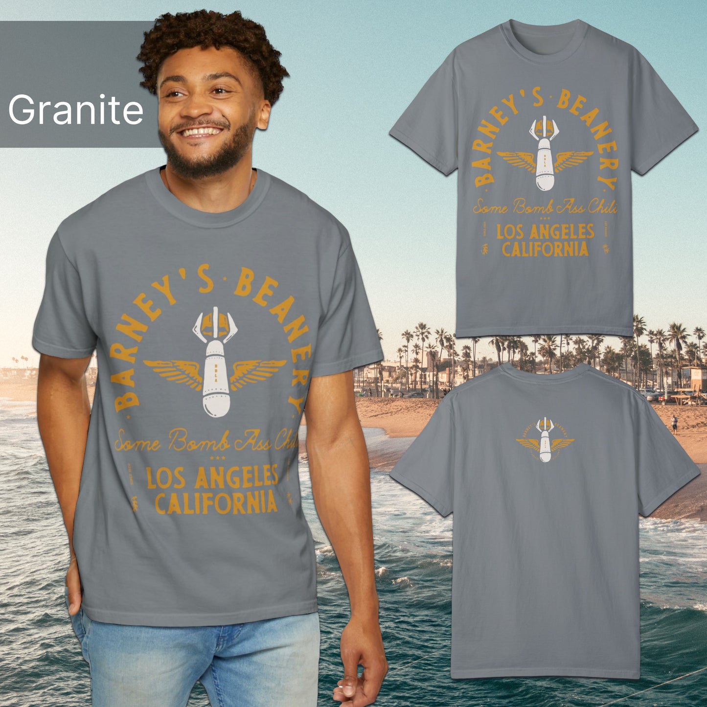 Some Bomb Ass Chili | BARNEY'S BEANERY - Men's Graphic Tee | Granite Comfort Colors 1717 T-Shirt - All Graphics On Front And Back Flat Lay View