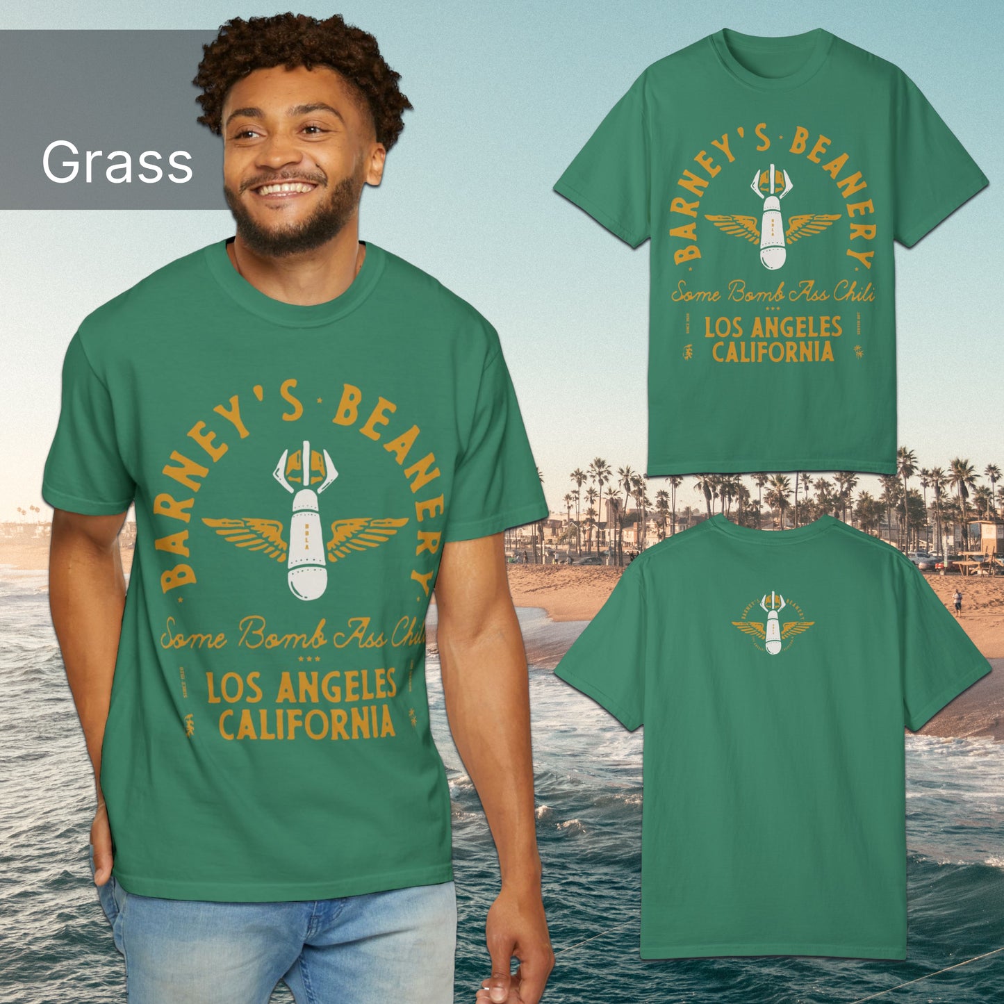 Some Bomb Ass Chili | BARNEY'S BEANERY - Men's Graphic Tee | Grass Comfort Colors 1717 T-Shirt - All Graphics On Front And Back Flat Lay View