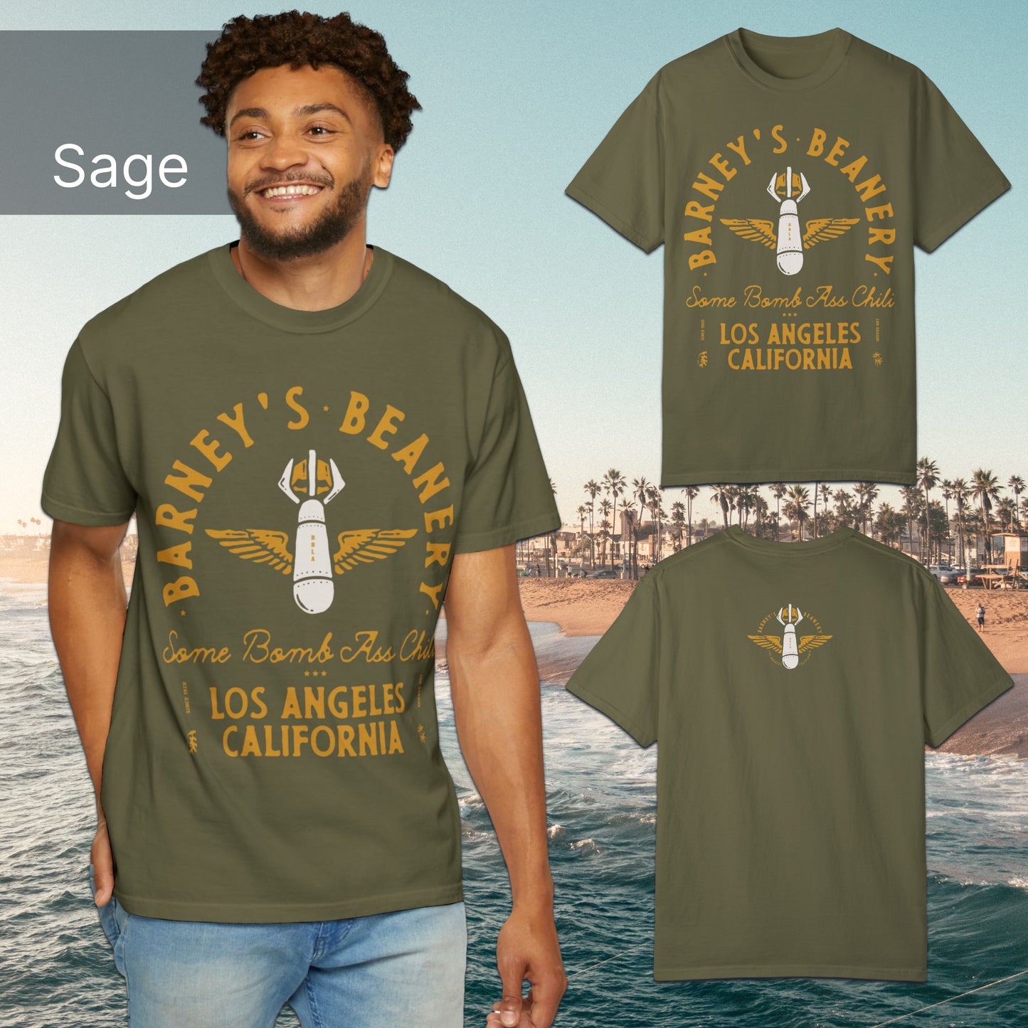 Some Bomb Ass Chili | BARNEY'S BEANERY - Men's Graphic Tee | Sage Comfort Colors 1717 T-Shirt - All Graphics On Front And Back Flat Lay View
