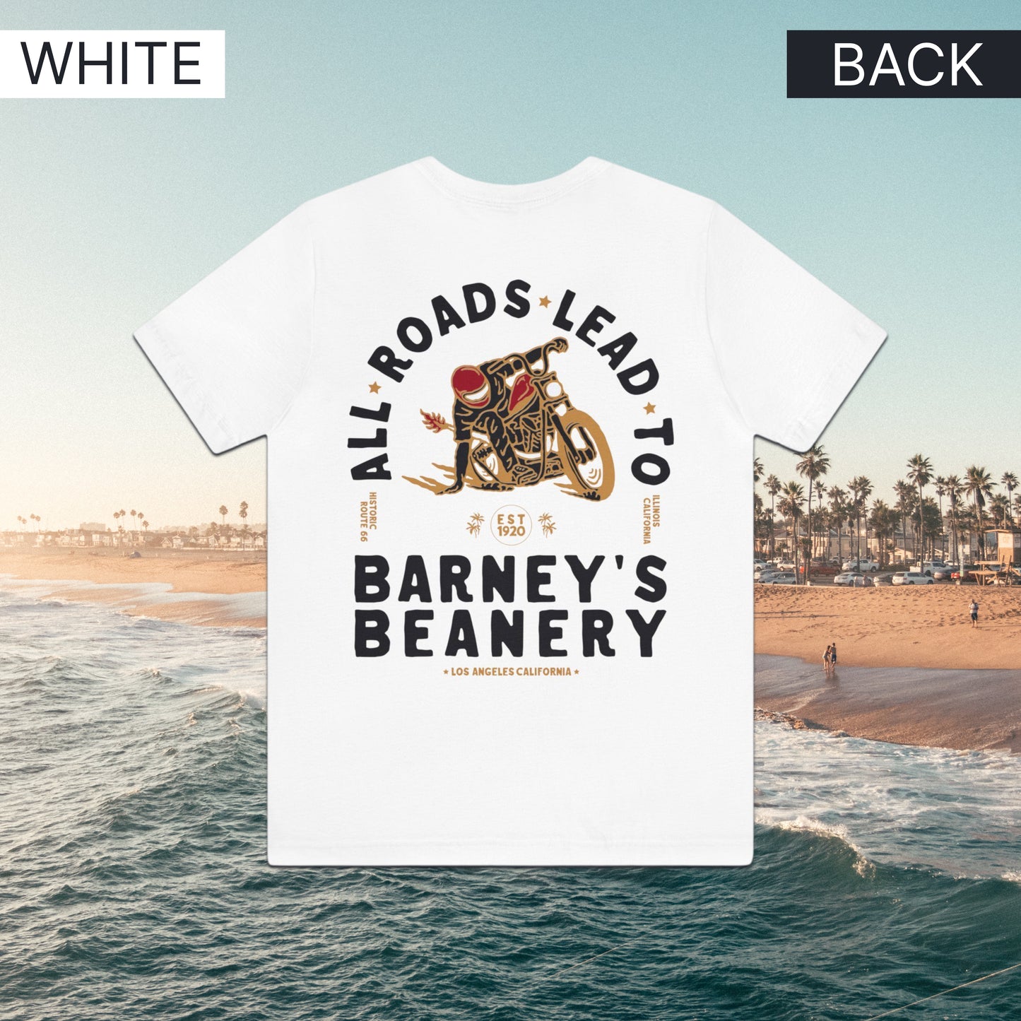 All Roads Lead To | BARNEY'S BEANERY - Women's Graphic Tee | White Bella+Canvas 3001 T-Shirt - Motorcycle Graphic On Front Flat Lay View