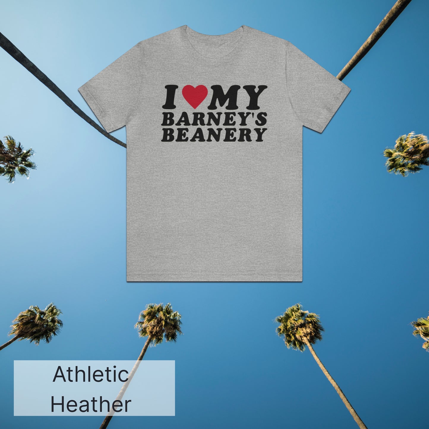 I Heart My | BARNEY'S BEANERY - Men's Graphic Tee | White And Red Graphics On Athletic Heather Bella+Canvas 3001 T-Shirt, Front View Flat Lay