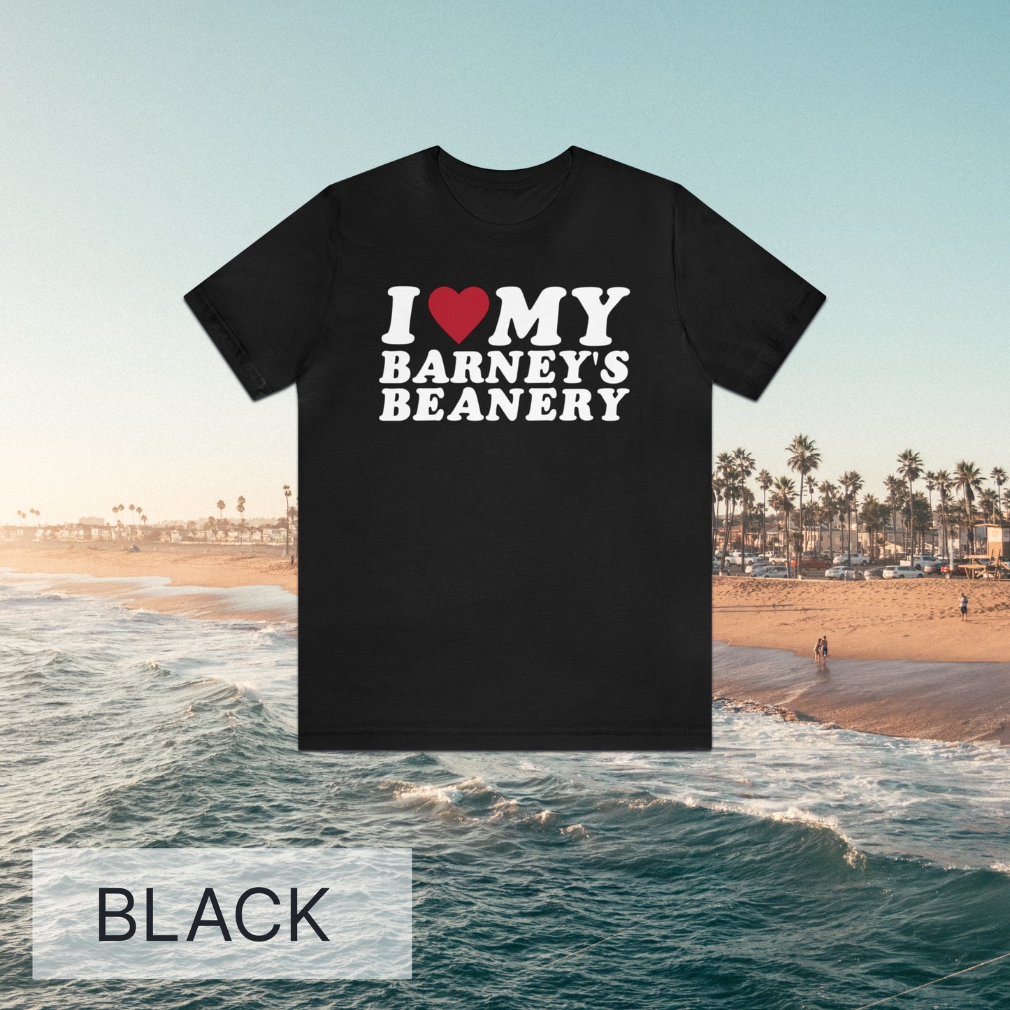 I Heart My | BARNEY'S BEANERY - Men's Graphic Tee | White And Red Graphics On Black Bella+Canvas 3001 T-Shirt, Front View Flat Lay