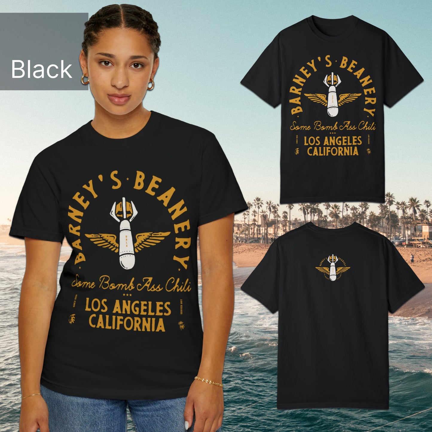 Some Bomb Ass Chili | BARNEY'S BEANERY - Women's Graphic Tee | Black Comfort Colors 1717 T-Shirt - All Graphics On Front And Back Flat Lay View