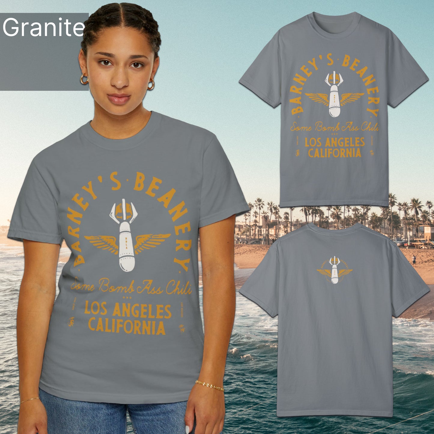 Some Bomb Ass Chili | BARNEY'S BEANERY - Women's Graphic Tee | Granite Comfort Colors 1717 T-Shirt - All Graphics On Front And Back Flat Lay View