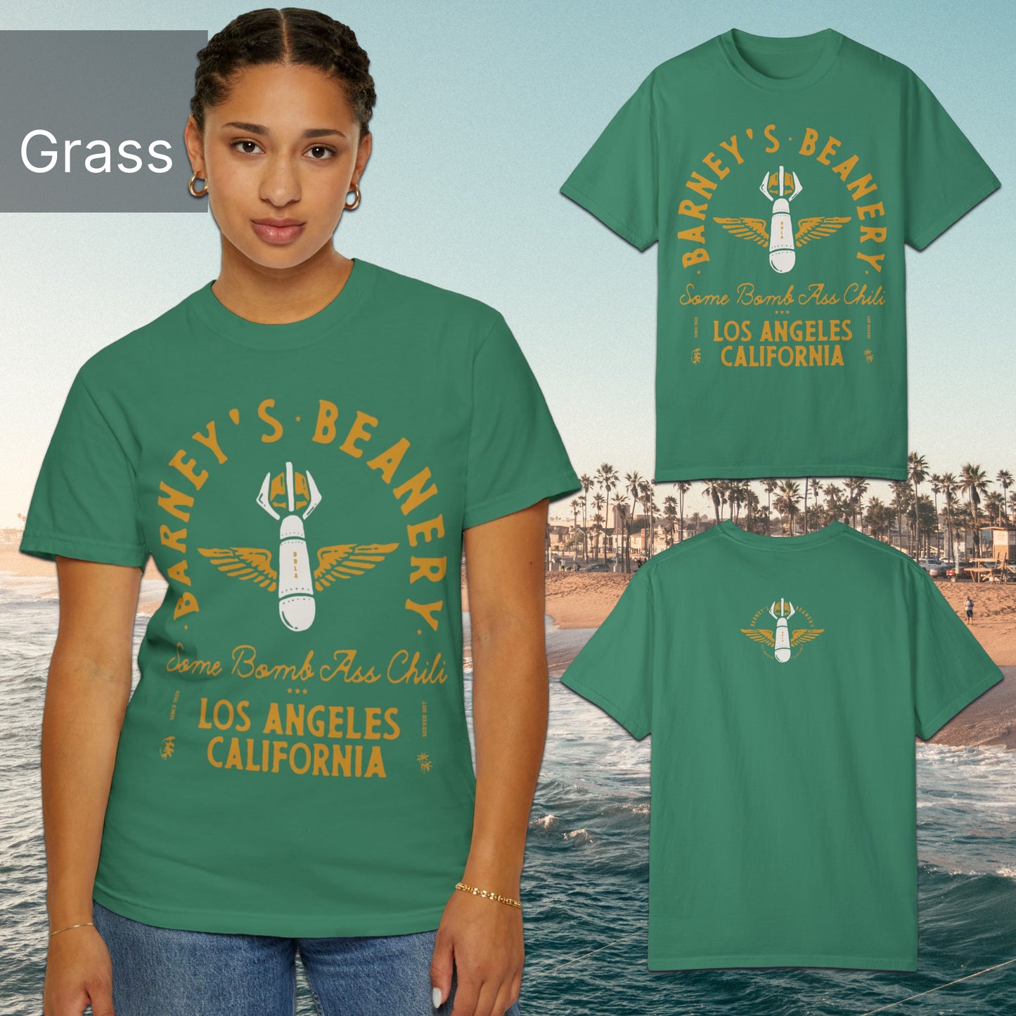Some Bomb Ass Chili | BARNEY'S BEANERY - Women's Graphic Tee | Grass Comfort Colors 1717 T-Shirt - All Graphics On Front And Back Flat Lay View
