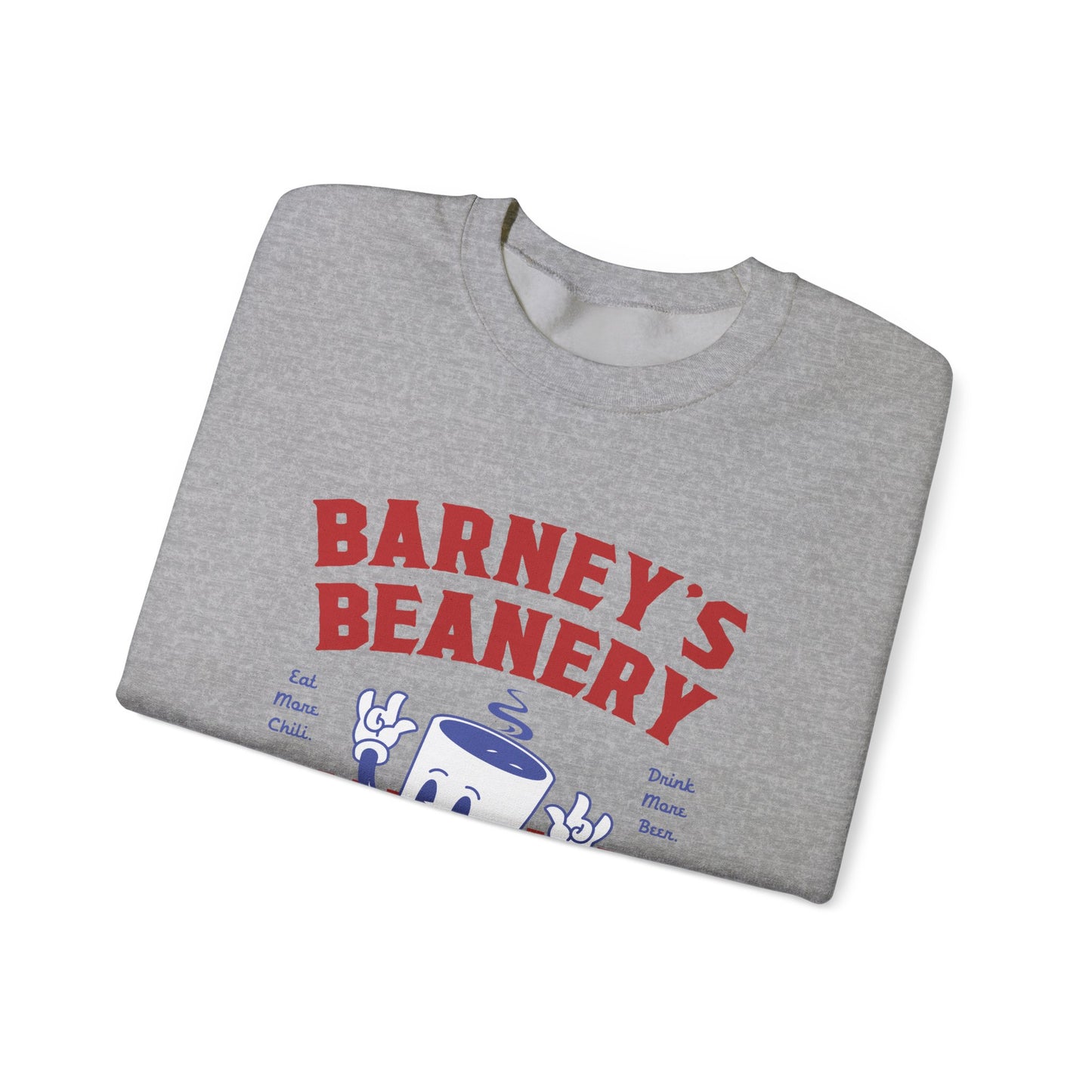 Eat More Chili. Drink More Beer. BARNEY'S BEANERY Red & Blue - Womens Retro Graphic Sweatshirt | Gildan 18000