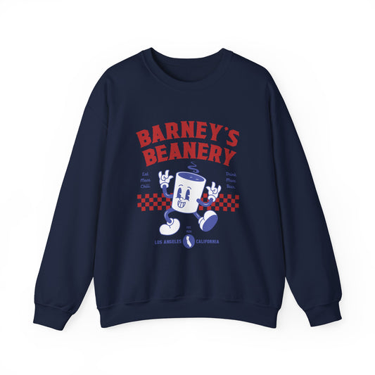 Eat More Chili. Drink More Beer. BARNEY'S BEANERY Red & Blue - Womens Retro Graphic Sweatshirt | Gildan 18000