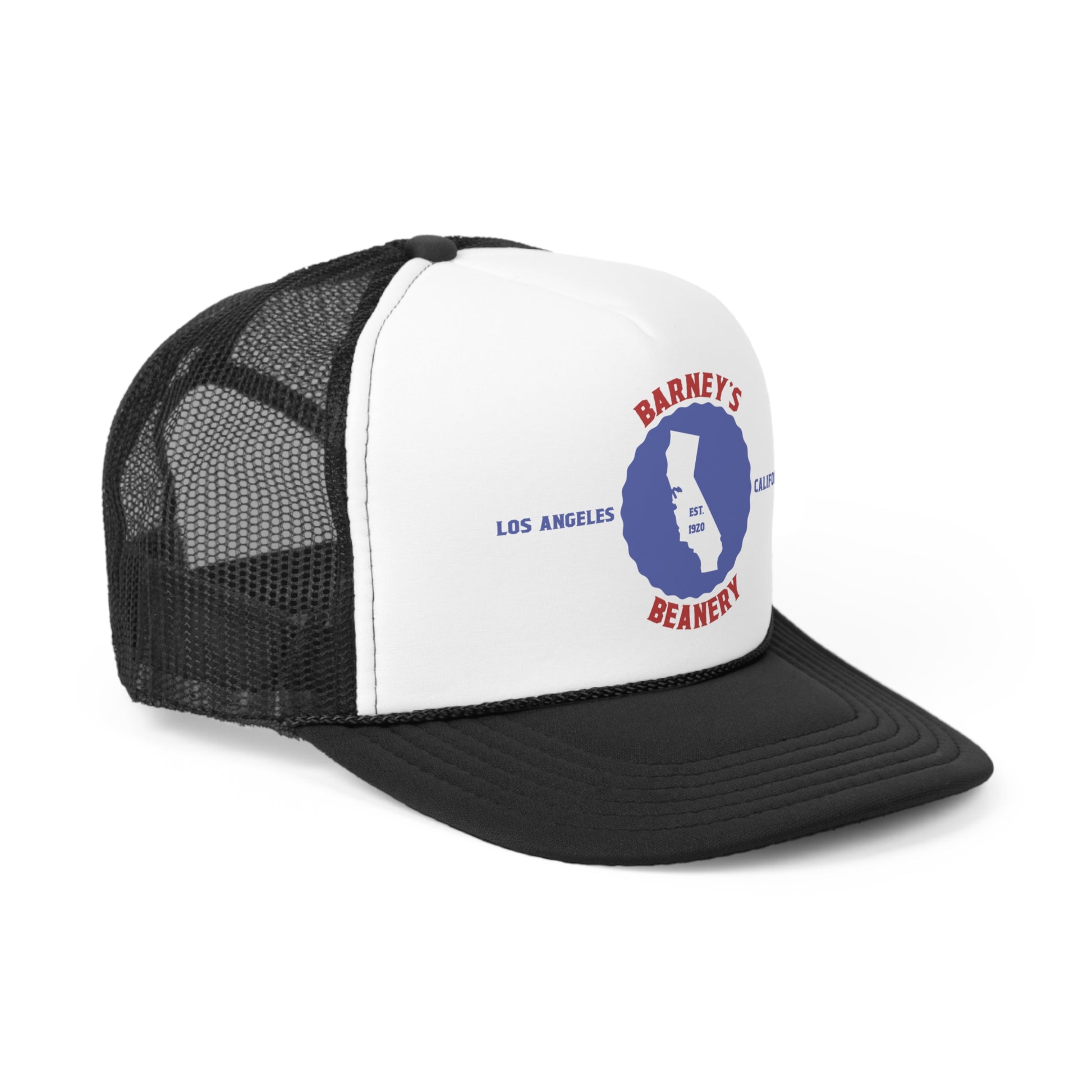 California Badge | BARNEY'S BEANERY - Trucker Hat | Red And Blue Graphic On Black And White Trucker Hat, Front Right View