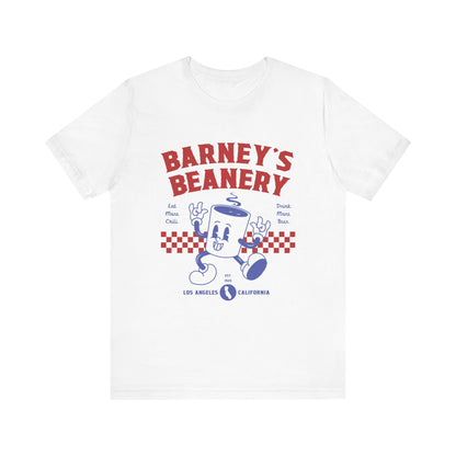 Eat More Chili. Drink More Beer. BARNEY'S BEANERY Red & Blue - Mens Retro Graphic Tee | Bella + Canvas 3001 - Retro Character On FRONT