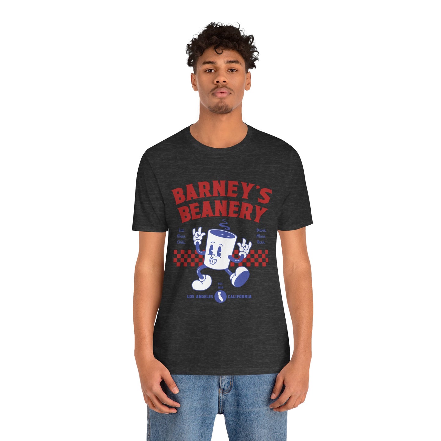 Eat More Chili. Drink More Beer. BARNEY'S BEANERY Red & Blue - Womens Retro Graphic Tee | Bella + Canvas 3001 - Retro Character On FRONT