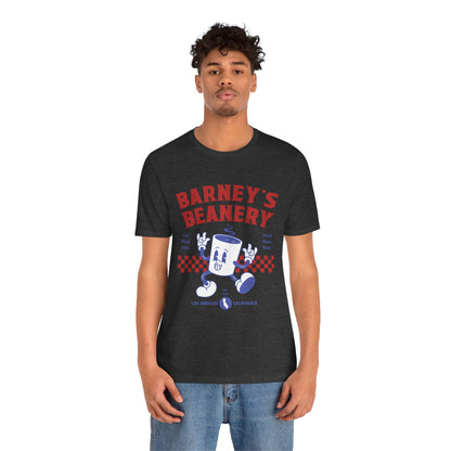Eat More Chili. Drink More Beer. BARNEY'S BEANERY Red & Blue - Womens Retro Graphic Tee | Bella + Canvas 3001 - Retro Character On FRONT