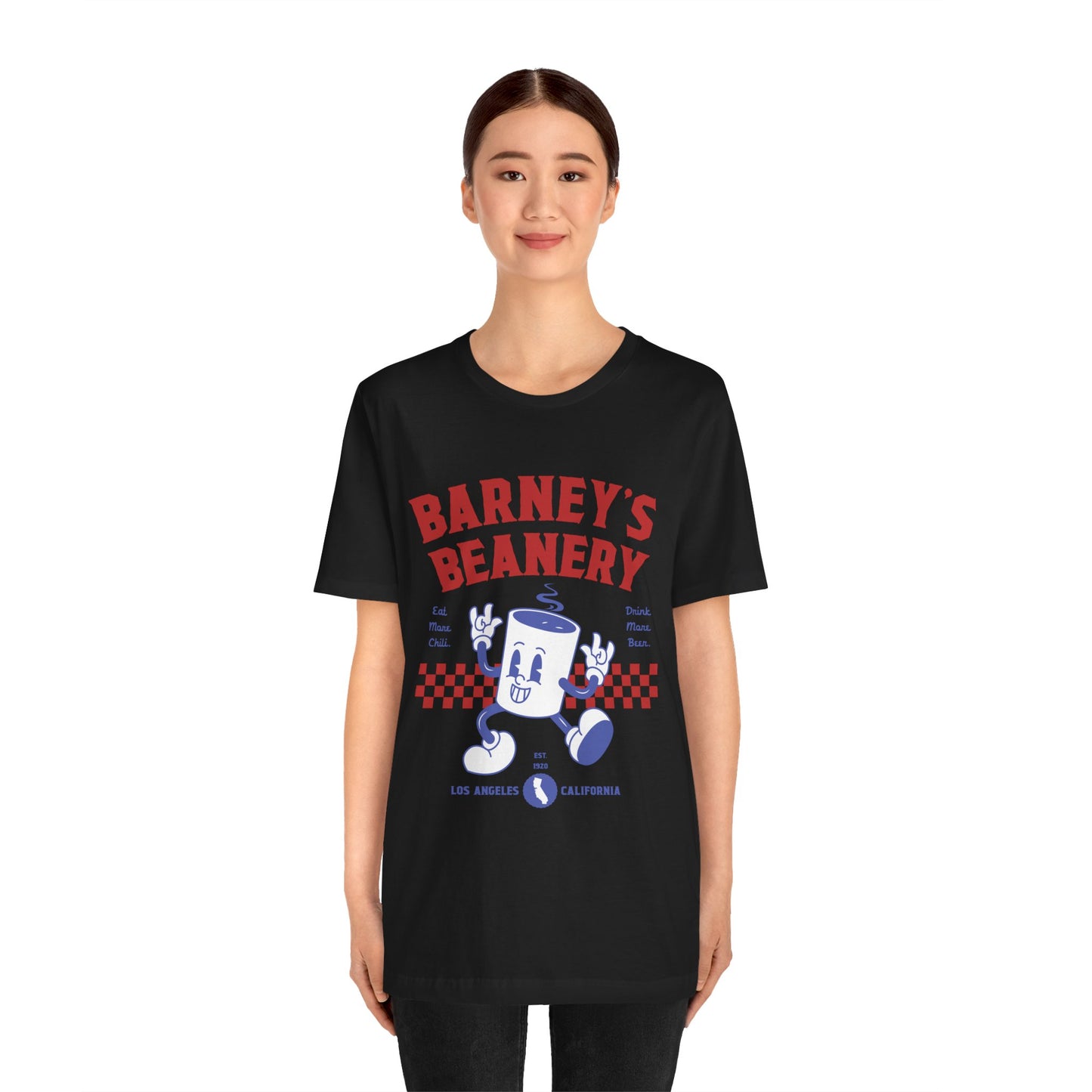 Eat More Chili. Drink More Beer. BARNEY'S BEANERY Red & Blue - Womens Retro Graphic Tee | Bella + Canvas 3001 - Retro Character On FRONT