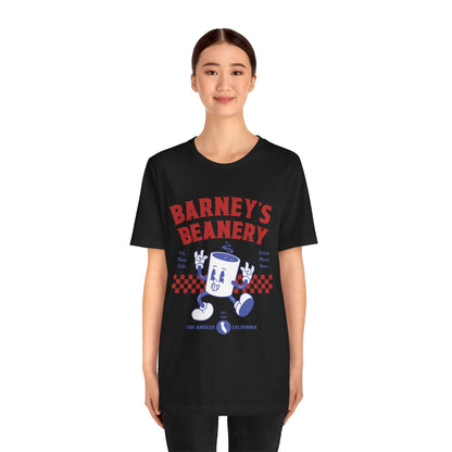 Eat More Chili. Drink More Beer. BARNEY'S BEANERY Red & Blue - Womens Retro Graphic Tee | Bella + Canvas 3001 - Retro Character On FRONT