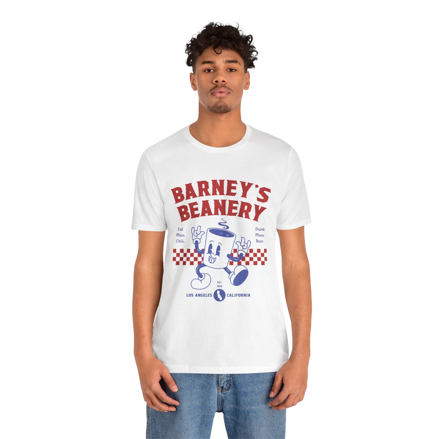 Eat More Chili. Drink More Beer. BARNEY'S BEANERY Red & Blue - Womens Retro Graphic Tee | Bella + Canvas 3001 - Retro Character On FRONT