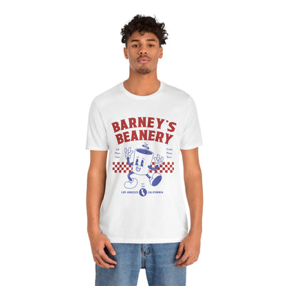 Eat More Chili. Drink More Beer. BARNEY'S BEANERY Red & Blue - Womens Retro Graphic Tee | Bella + Canvas 3001 - Retro Character On FRONT