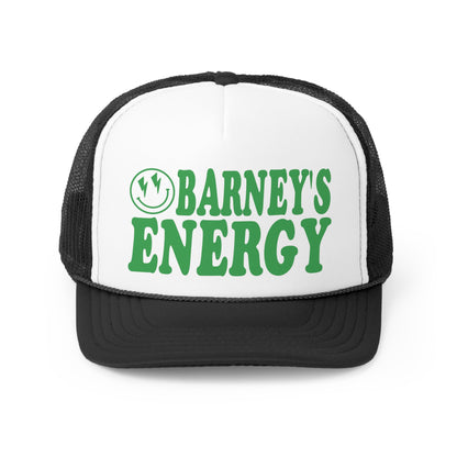 Barney's Energy Smiley Face | BARNEY'S BEANERY - Trucker Hat | Green Graphic On Black And White Trucker Hat, Front View