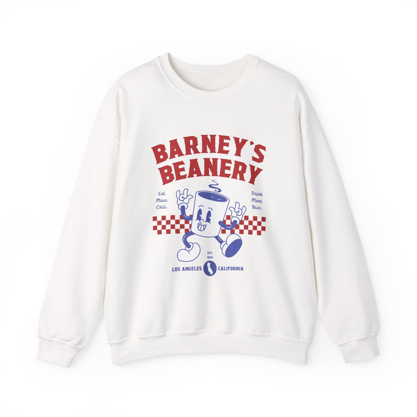 Eat More Chili. Drink More Beer. BARNEY'S BEANERY Red & Blue - Womens Retro Graphic Sweatshirt | Gildan 18000