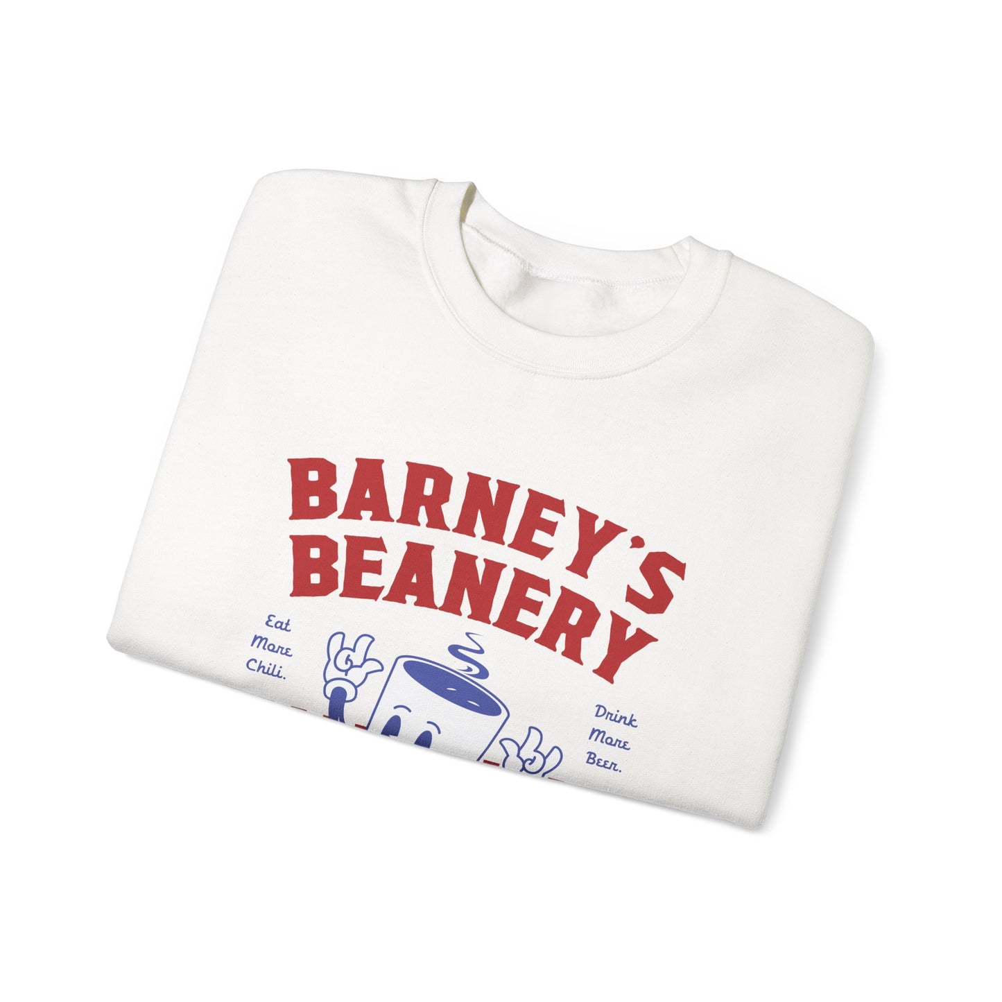 Eat More Chili. Drink More Beer. BARNEY'S BEANERY Red & Blue - Womens Retro Graphic Sweatshirt | Gildan 18000