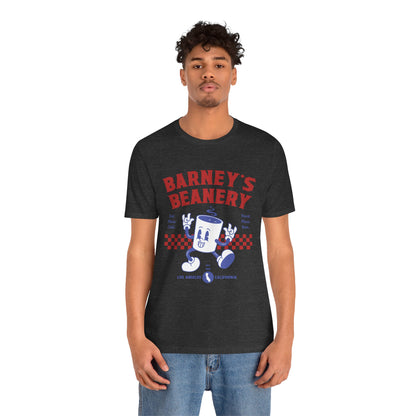 Eat More Chili. Drink More Beer. BARNEY'S BEANERY Red & Blue - Mens Retro Graphic Tee | Bella + Canvas 3001 - Retro Character On FRONT