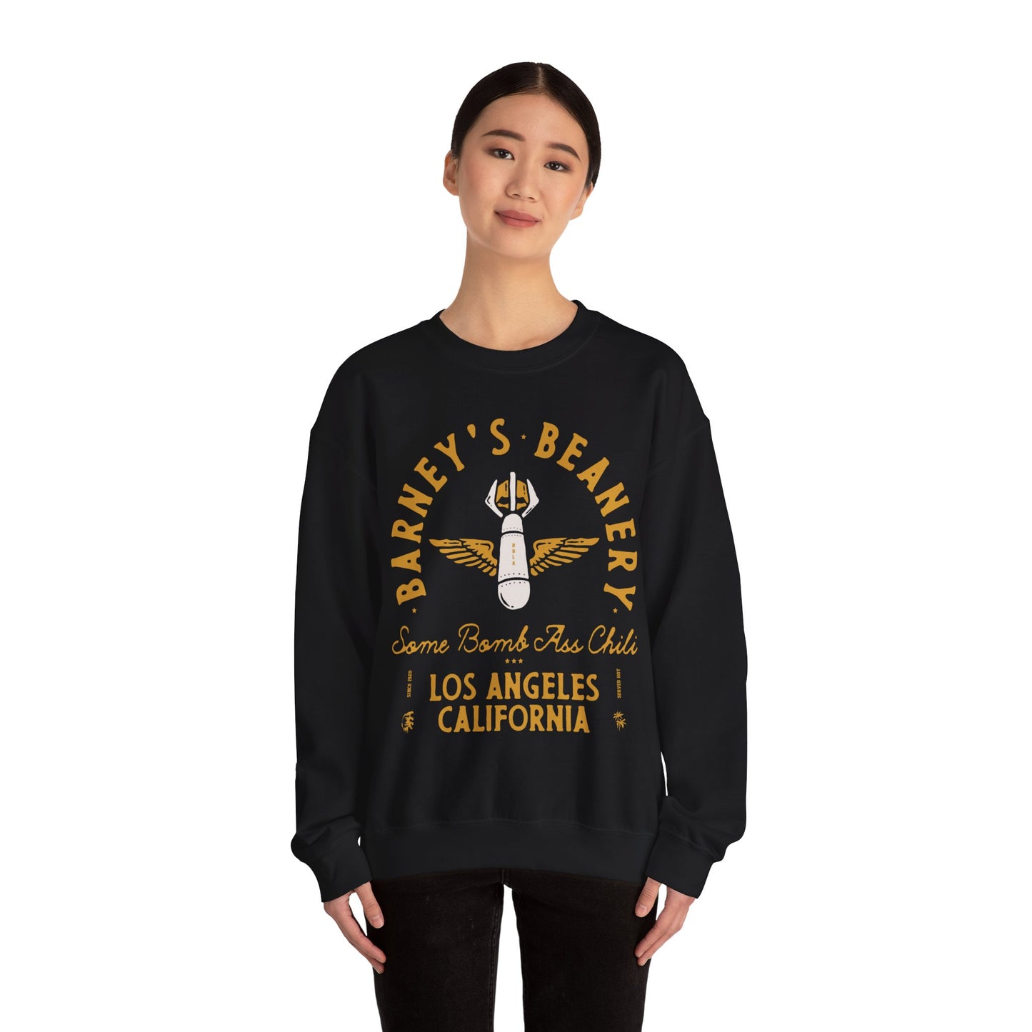 Some Bomb Ass Chili BARNEY'S BEANERY - Mens Graphic Sweatshirt | Gildan 18000 - Bomb Graphic On FRONT