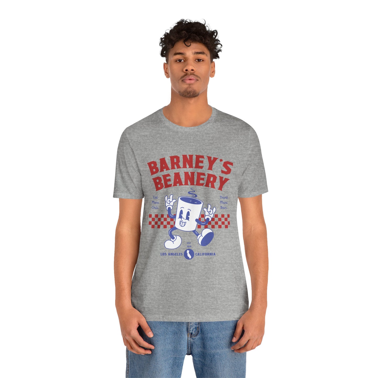 Eat More Chili. Drink More Beer. BARNEY'S BEANERY Red & Blue - Womens Retro Graphic Tee | Bella + Canvas 3001 - Retro Character On FRONT