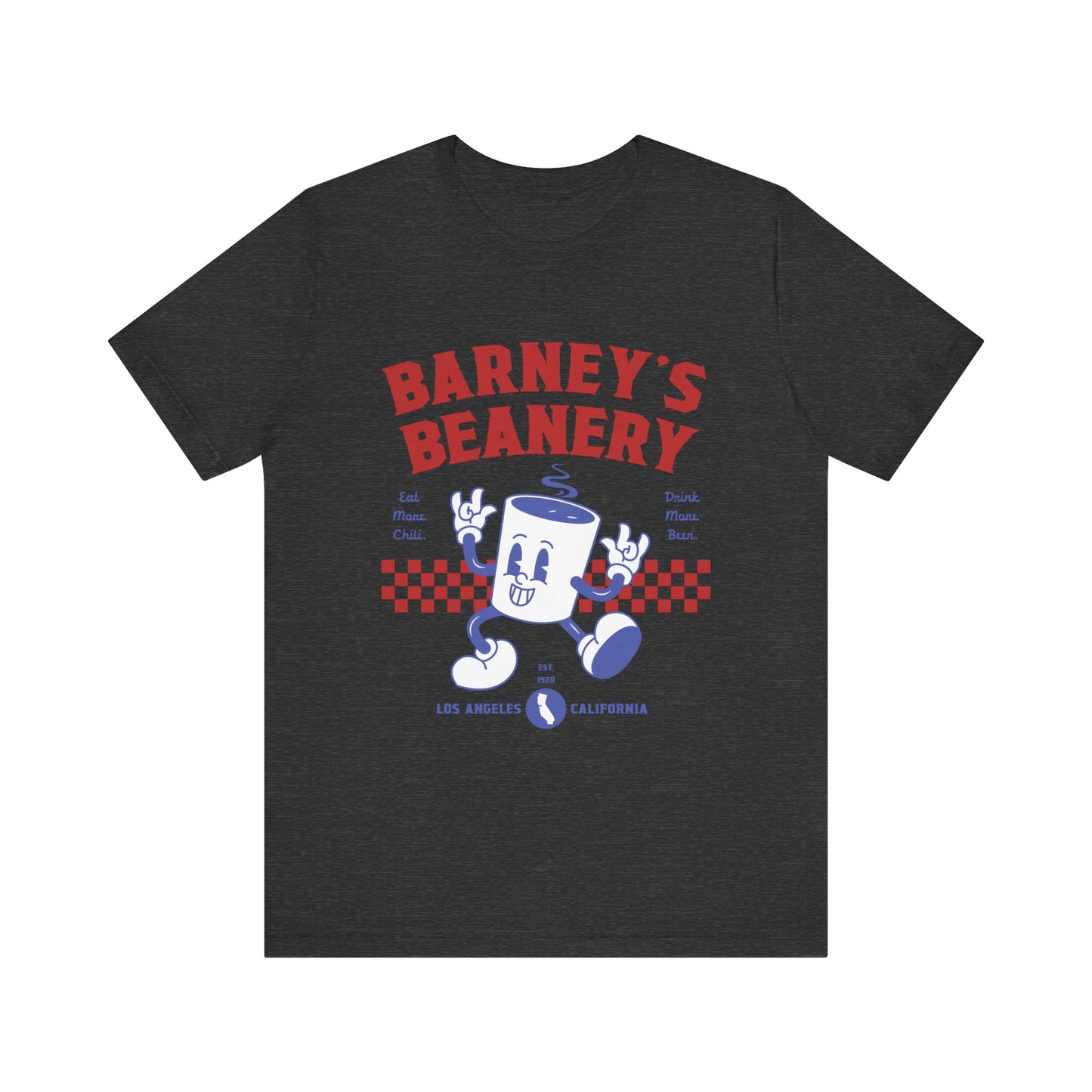 Eat More Chili. Drink More Beer. BARNEY'S BEANERY Red & Blue - Womens Retro Graphic Tee | Bella + Canvas 3001 - Retro Character On FRONT