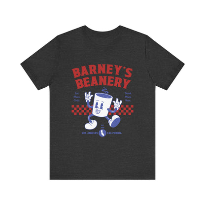 Eat More Chili. Drink More Beer. BARNEY'S BEANERY Red & Blue - Womens Retro Graphic Tee | Bella + Canvas 3001 - Retro Character On FRONT