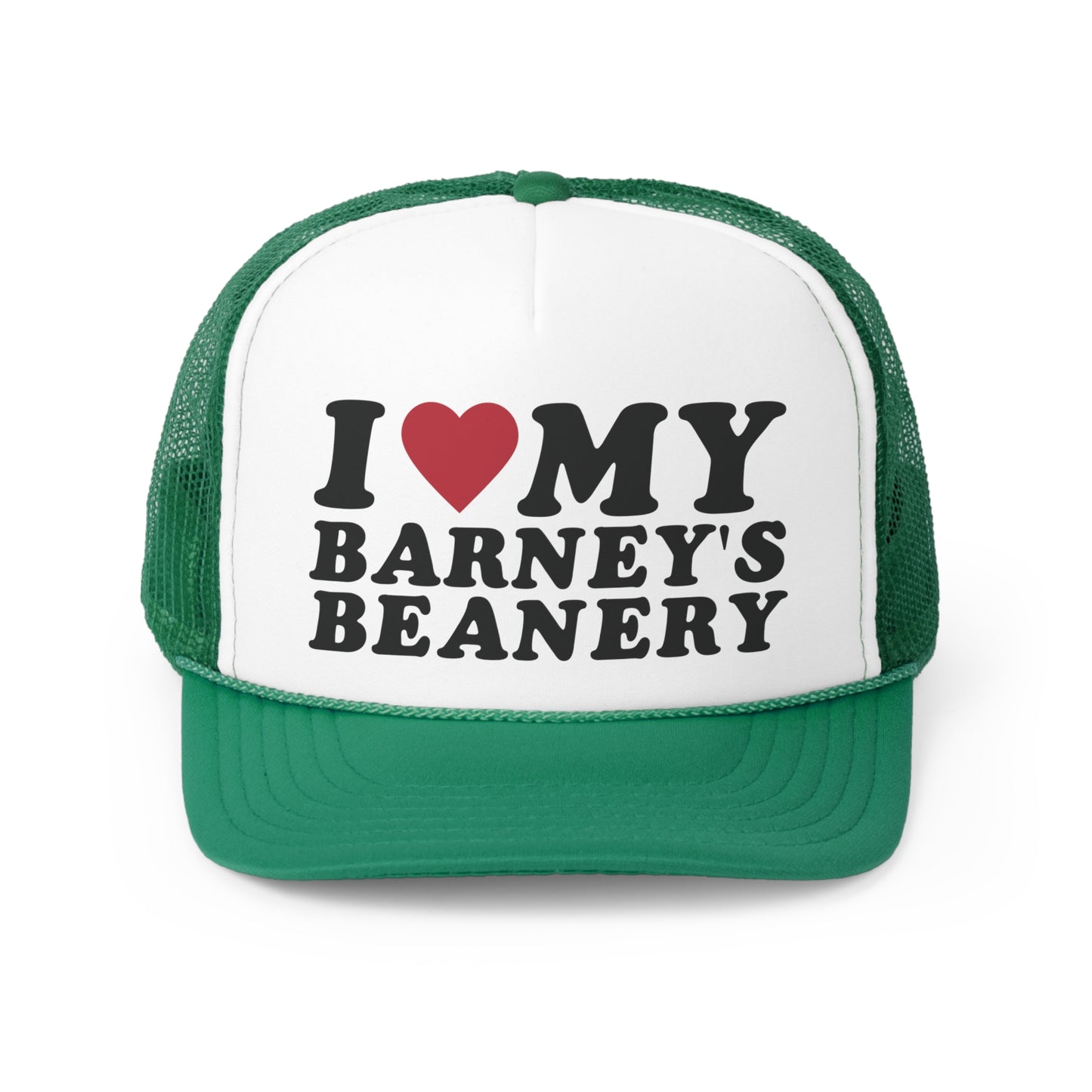 I Heart My | BARNEY'S BEANERY - Trucker Hat | Black And Red Graphic On Green And White Trucker Hat, Front View
