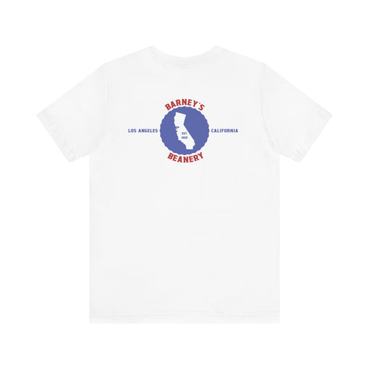 Eat More Chili. Drink More Beer. BARNEY'S BEANERY Red & Blue - Mens Retro Graphic Tee | Bella + Canvas 3001 - Retro Character On FRONT