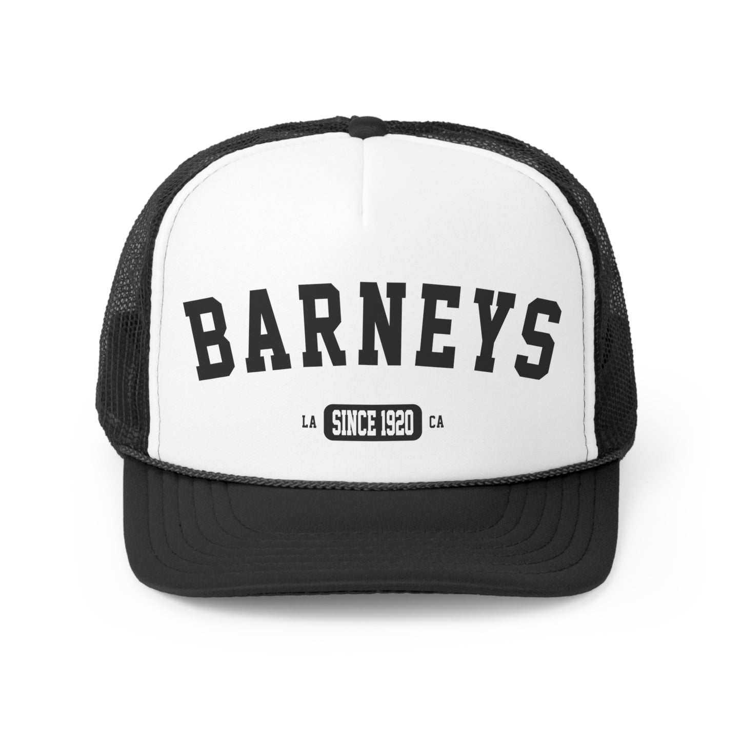 Vintage Collegiate | BARNEY'S BEANERY - Trucker Hat | Black Graphic On Black And White Trucker Hat, Front View