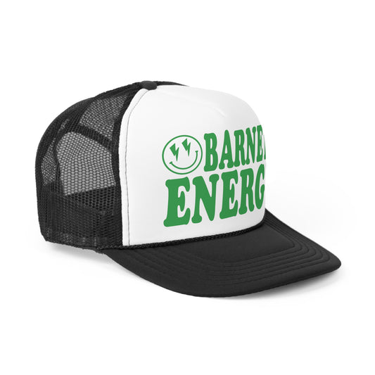 Barney's Energy Smiley Face | BARNEY'S BEANERY - Trucker Hat | Green Graphic On Black And White Trucker Hat, Front Right View