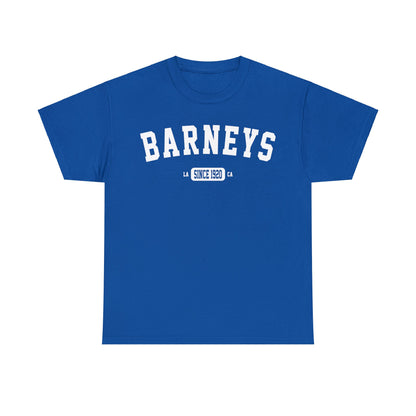 Vintage Collegiate | BARNEY'S BEANERY - Men's Graphic Tee | White Graphics On Royal Gildan 5000 T-Shirt, Front View Flat Lay