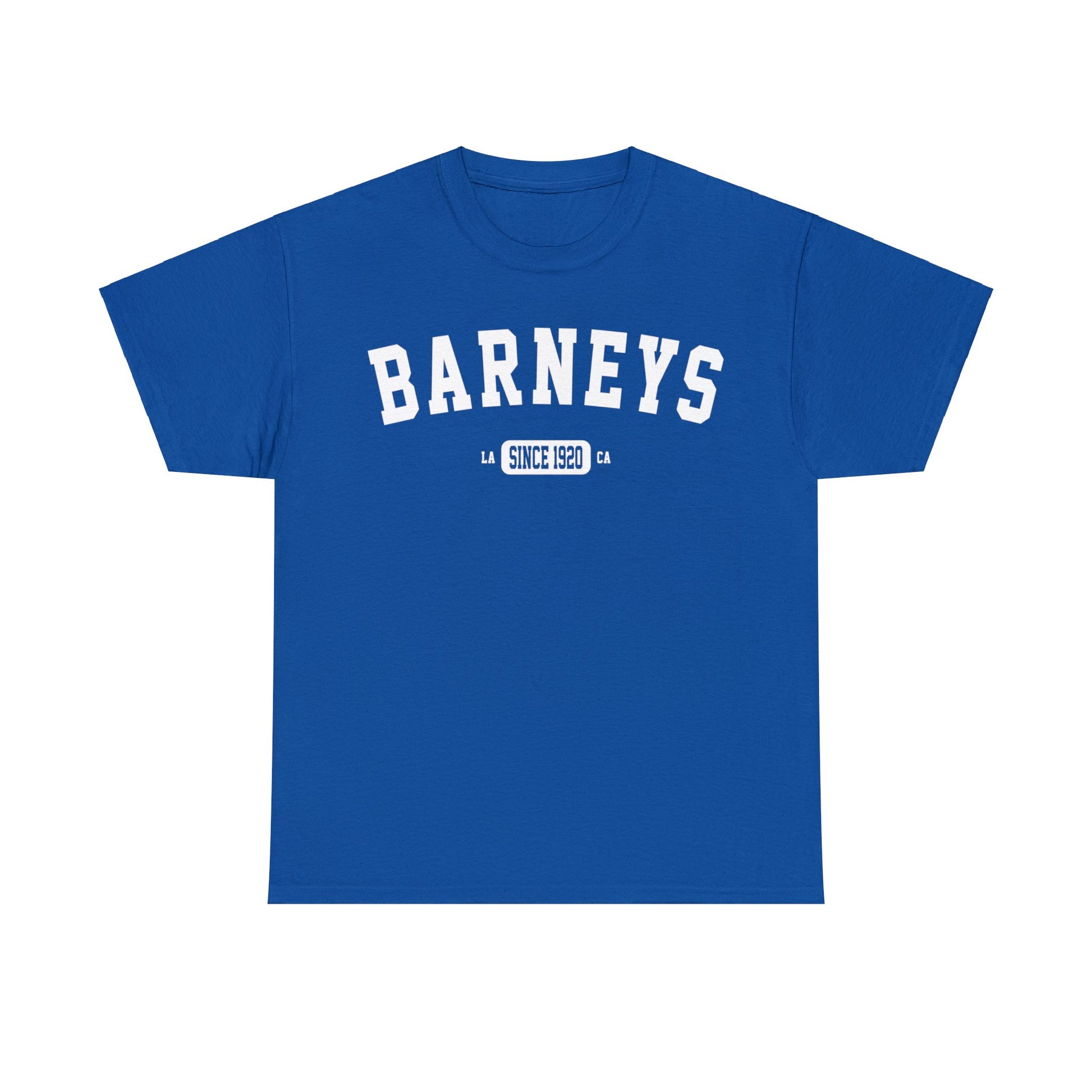 Vintage Collegiate | BARNEY'S BEANERY - Women's Graphic Tee | Royal Gildan 5000 T-Shirt, White Graphic, Front View Flat Lay