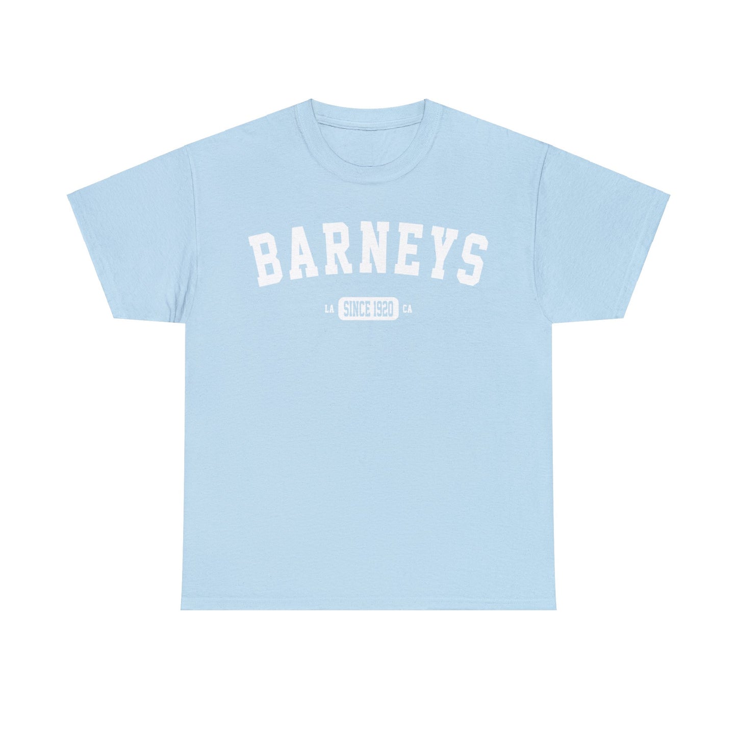Vintage Collegiate | BARNEY'S BEANERY - Women's Graphic Tee | Light Blue Gildan 5000 T-Shirt, White Graphic, Front View Flat Lay