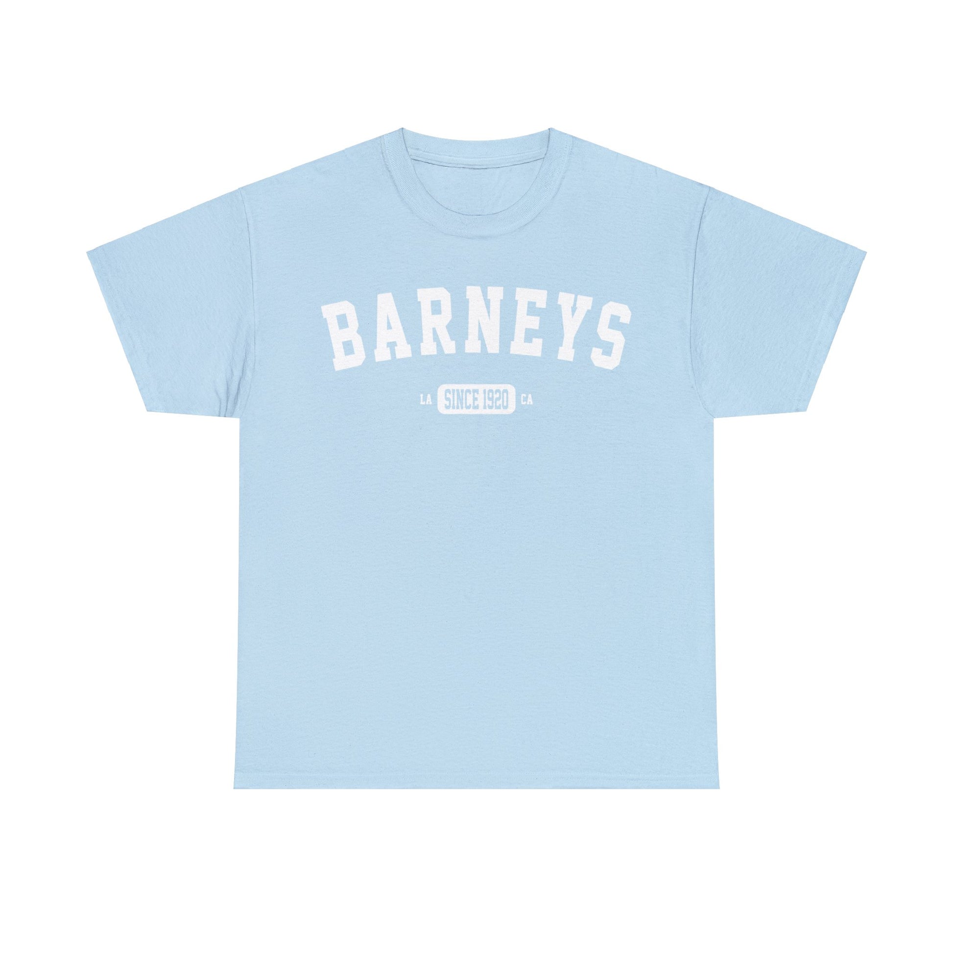 Vintage Collegiate | BARNEY'S BEANERY - Women's Graphic Tee | Light Blue Gildan 5000 T-Shirt, White Graphic, Front View Flat Lay