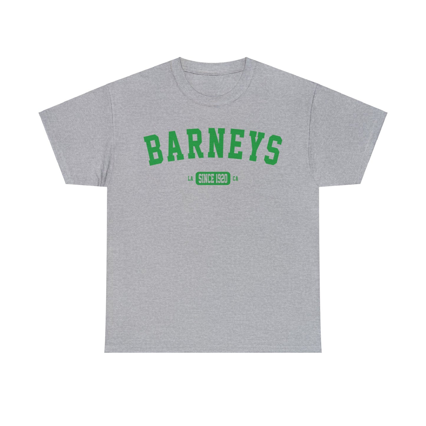 Vintage Collegiate | BARNEY'S BEANERY - Men's Graphic Tee | Green Graphics On Sport Grey Gildan 5000 T-Shirt, Front View Flat Lay