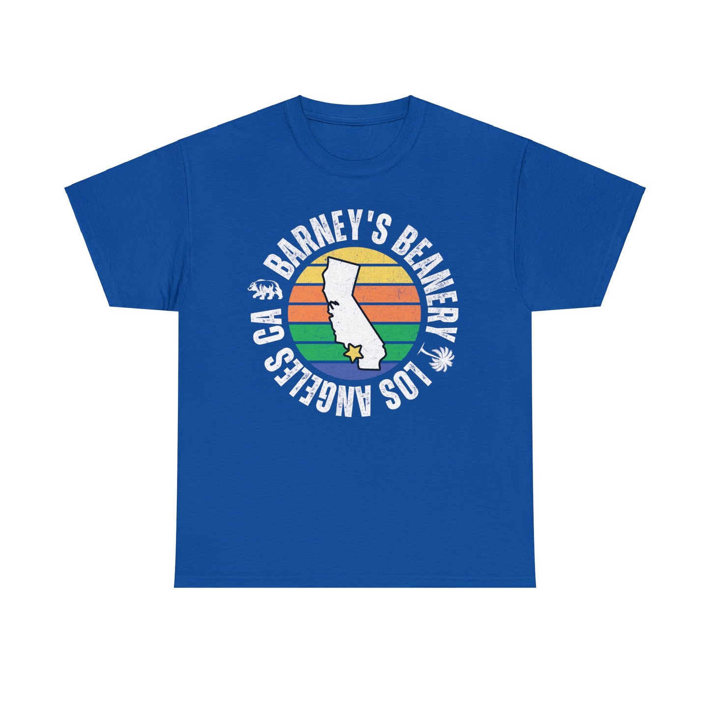 Retro Sunset | BARNEY'S BEANERY - Men's Retro Graphic Tee | Royal Gildan 5000, Front View Flat Lay