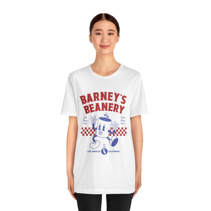 Eat More Chili. Drink More Beer. BARNEY'S BEANERY Red & Blue - Mens Retro Graphic Tee | Bella + Canvas 3001 - Retro Character On FRONT