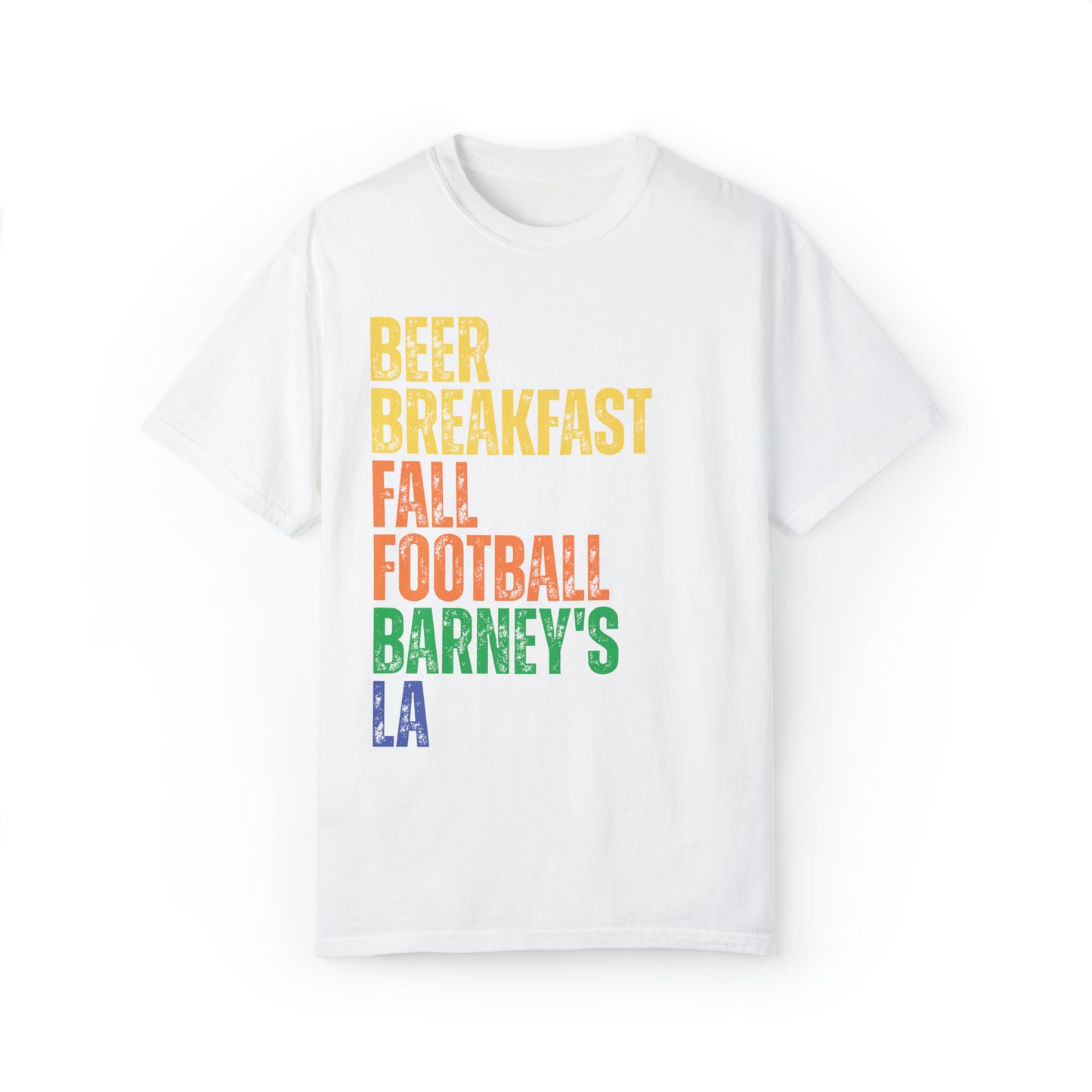 Beer Breakfast Fall Football | BARNEY'S BEANERY - Men's Graphic Tee | White Comfort Colors 1717 T-Shirt, Front View Flat Lay