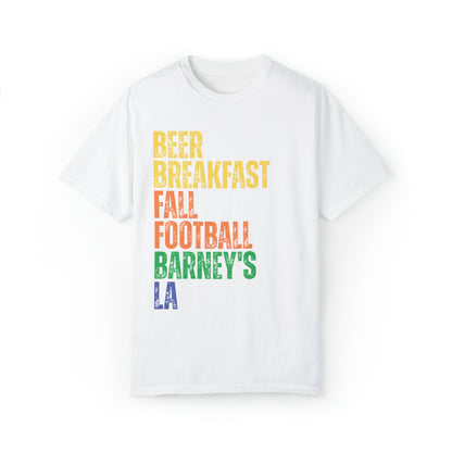 Beer Breakfast Fall Football | BARNEY'S BEANERY - Men's Graphic Tee | White Comfort Colors 1717 T-Shirt, Front View Flat Lay