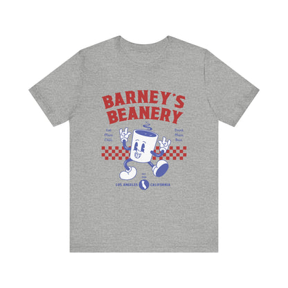Eat More Chili. Drink More Beer. BARNEY'S BEANERY Red & Blue - Mens Retro Graphic Tee | Bella + Canvas 3001 - Retro Character On FRONT