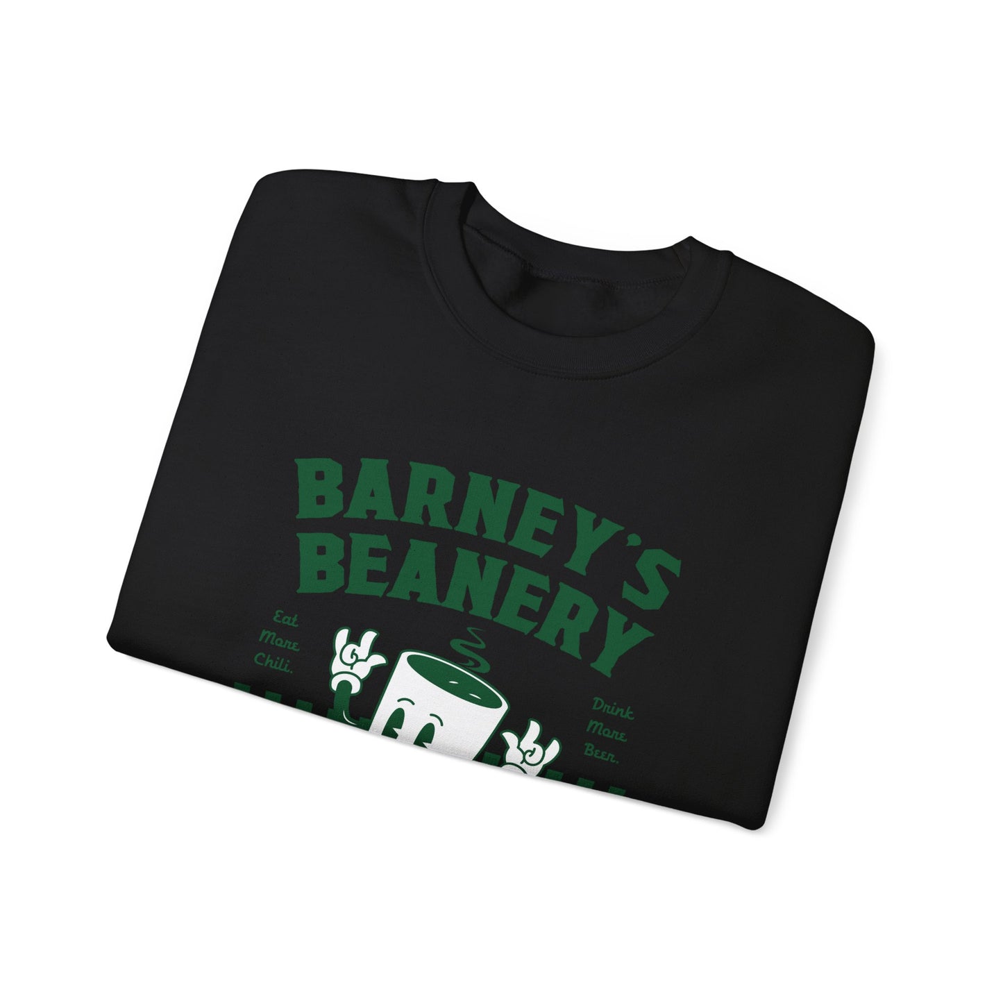 Eat More Chili. Drink More Beer. BARNEY'S BEANERY Green - Mens Retro Graphic Sweatshirt | Gildan 18000