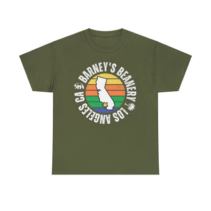 Retro Sunset | BARNEY'S BEANERY - Men's Retro Graphic Tee | Military Green Gildan 5000, Front View Flat Lay