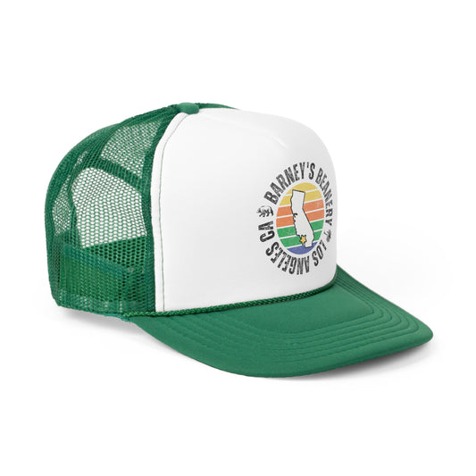 Retro Sunset | BARNEY'S BEANERY - Trucker Hat | Retro Sunset Graphic On Green And White Trucker Hat, Front Right View