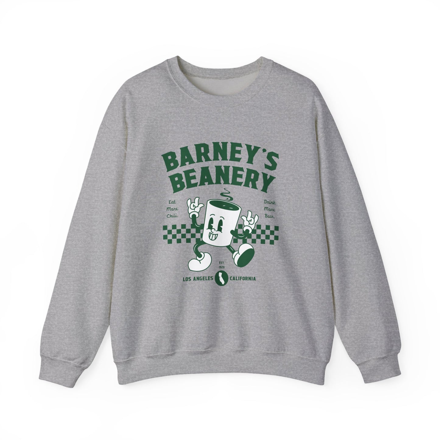 Eat More Chili. Drink More Beer. BARNEY'S BEANERY Green - Mens Retro Graphic Sweatshirt | Gildan 18000