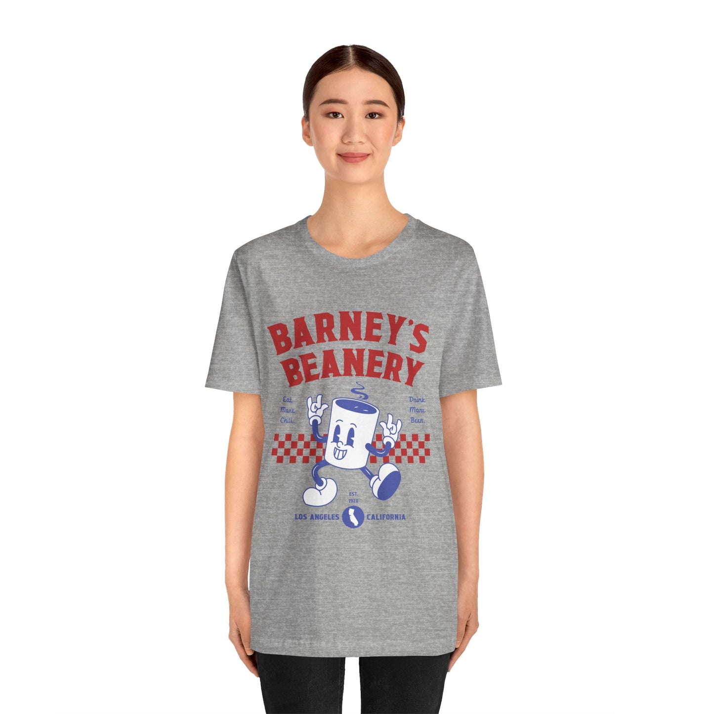 Eat More Chili. Drink More Beer. BARNEY'S BEANERY Red & Blue - Womens Retro Graphic Tee | Bella + Canvas 3001 - Retro Character On FRONT
