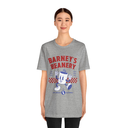 Eat More Chili. Drink More Beer. BARNEY'S BEANERY Red & Blue - Womens Retro Graphic Tee | Bella + Canvas 3001 - Retro Character On FRONT